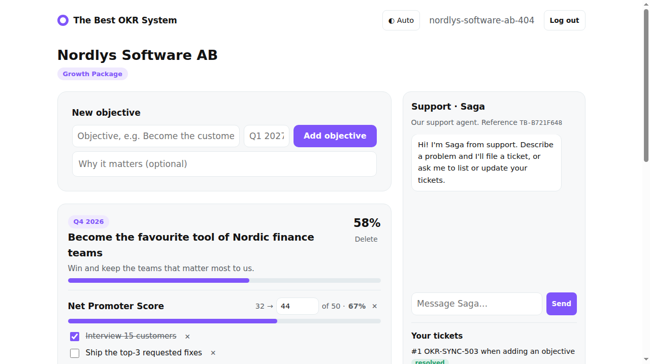The OKR app: an objective with key results, progress bars and activities, next to the support chat with Saga